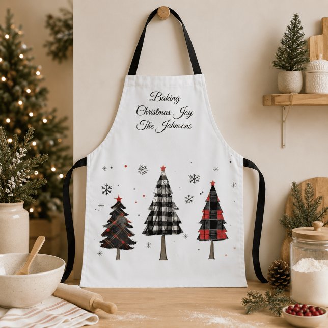 Personalised Plaid Christmas Trees Family Name Apron (Creator Uploaded)
