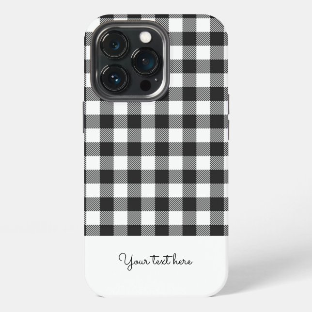 Personalised Plaid Gingham Black White Monogram iPhone Case (Back)