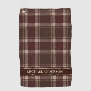 Personalised Plaid Name Golf Towel Burgundy Brown