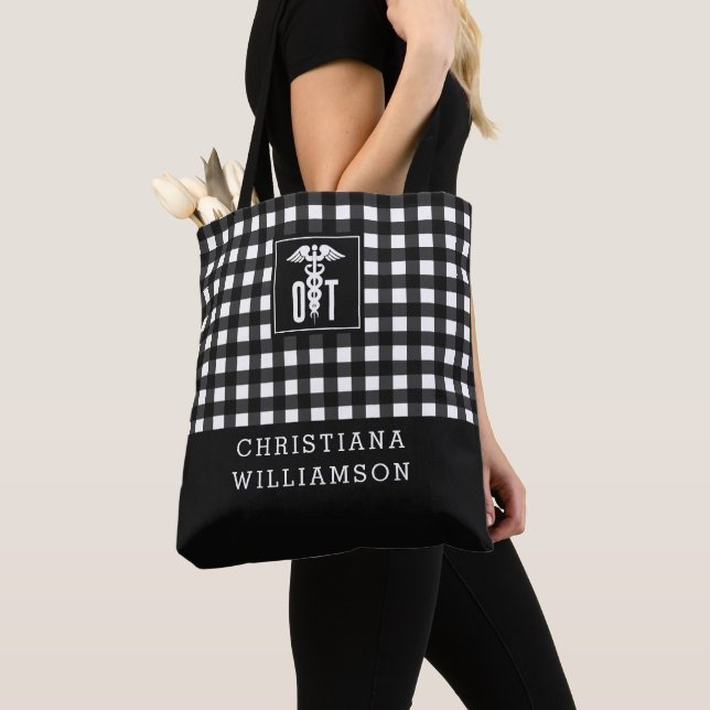 Personalised Plaid Pattern OT Occupational Therapy Tote Bag (Close Up)