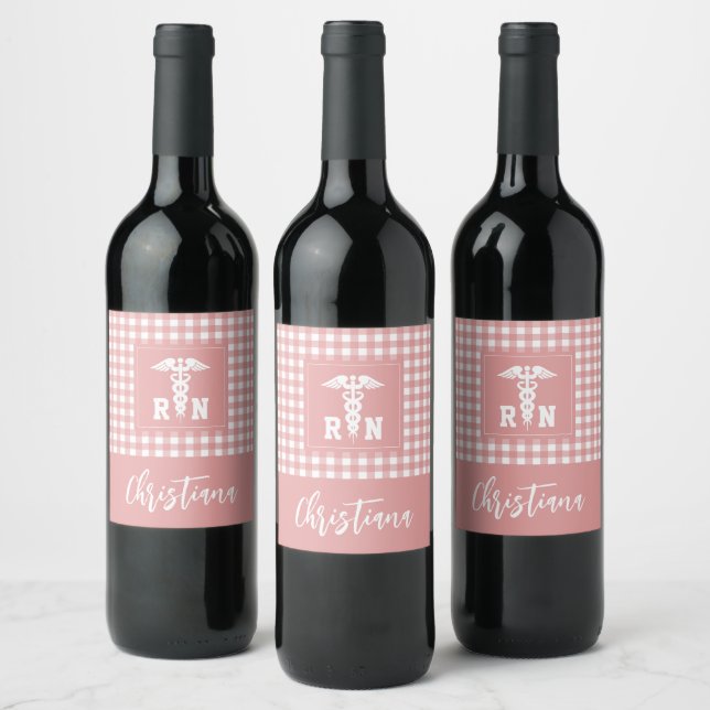 Personalised Plaid Pattern RN Registered Nurse Wine Label (Bottles)