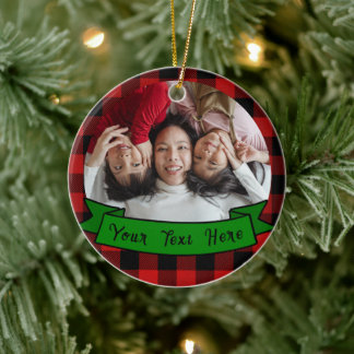 Personalised Plaid Photo text family Christmas Ceramic Tree Decoration