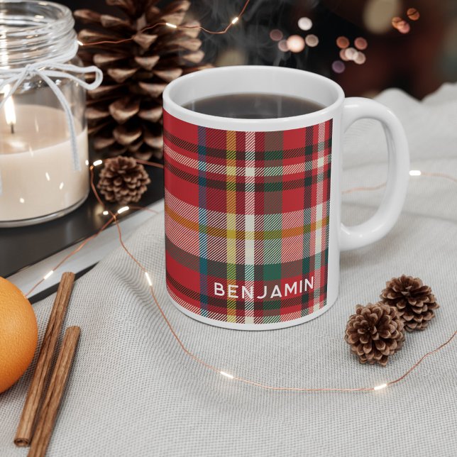 Personalised Plaid Red Green Rustic Christmas Coffee Mug (Plaid Rustic Personalized 11oz Christmas Holidays Hot Coffee Mug)