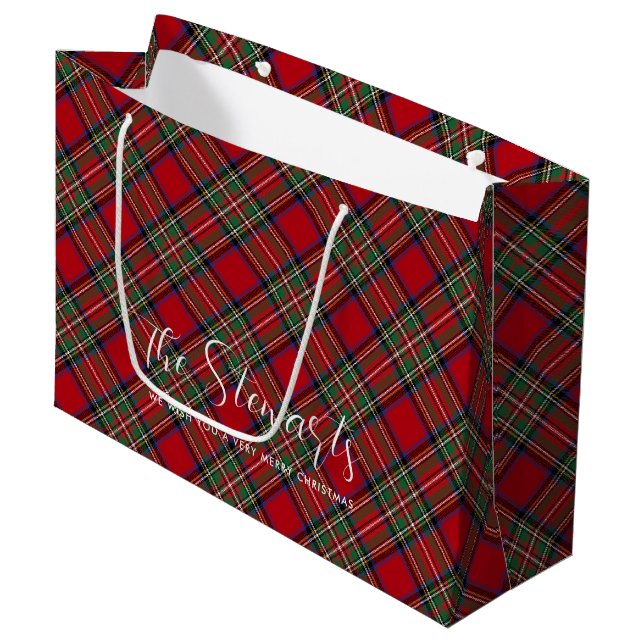 Personalised Plaid Script Christmas Stewart Tartan Large Gift Bag (Front Angled)