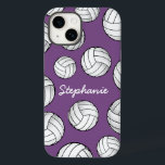 Personalised Player Name Volleyball Purple Case-Mate iPhone 14 Case<br><div class="desc">A cool iPhone case featuring a custom name and a smattering of volleyballs on a soft purple backdrop.</div>