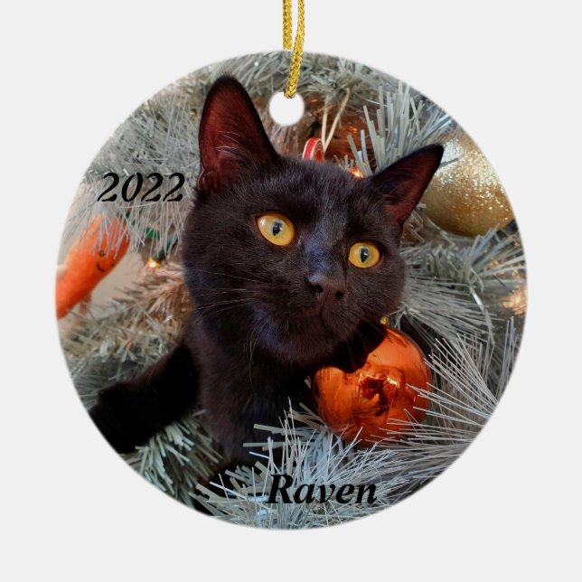 Personalised Playful Black Cat in Christmas Tree  Ceramic Tree Decoration (Front)