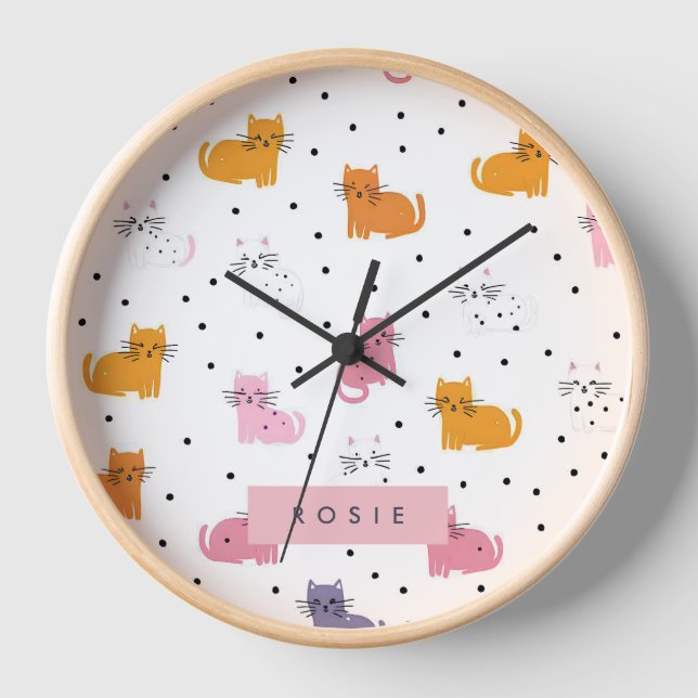 Personalised Playful Cat Pattern with Polka Dots  Clock (Front)