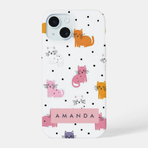 Personalised Playful Cat Pattern with Polka Dots iPhone 15 Case