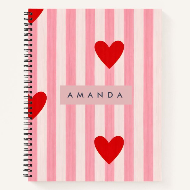 Personalised Playful Red Heart & Pink Stripe  Notebook (Front)