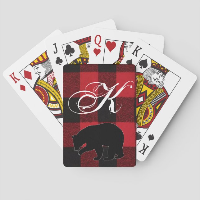 Personalised Playing Cards Red Buffalo Plaid Bear (Back)