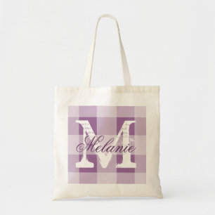 Personalised plum gingham monogram tote bag