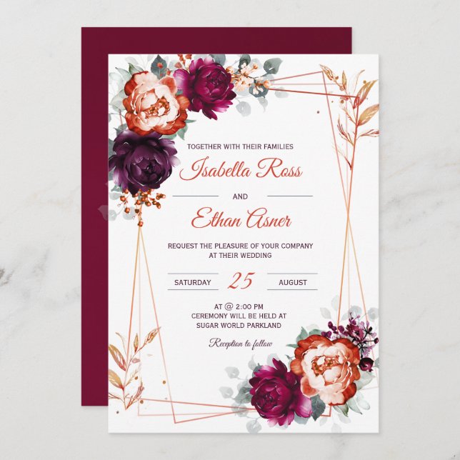 Personalised  Plum, Mauve and Orange Wedding  Invitation (Front/Back)
