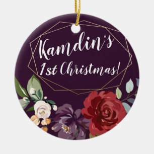 Personalised Plum Purple Roses Gold Geometric Flor Ceramic Tree Decoration