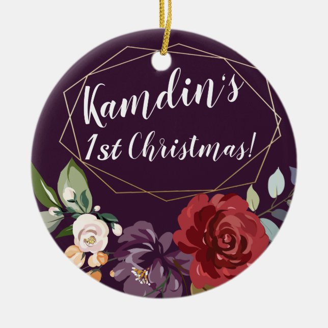 Personalised Plum Purple Roses Gold Geometric Flor Ceramic Tree Decoration (Front)