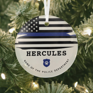 Personalised Police Dog K9 Officer Thin Blue Line Glass Tree Decoration