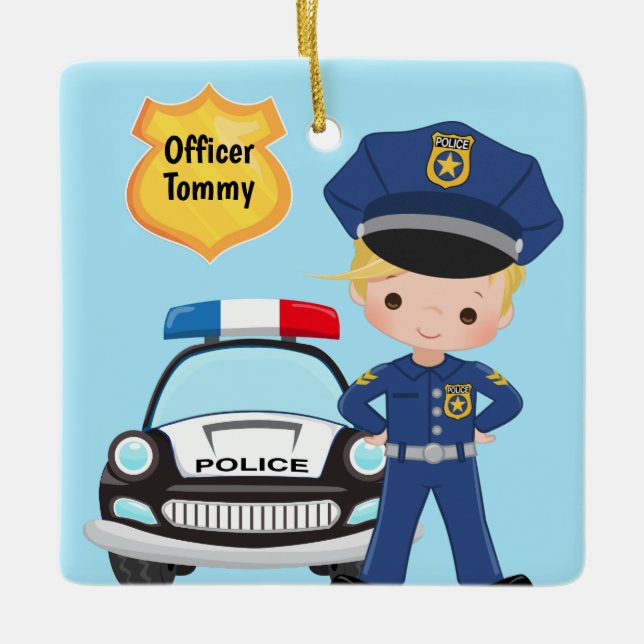 Personalised Police Officer and Patrol Car Kids Ceramic Ornament (Front)