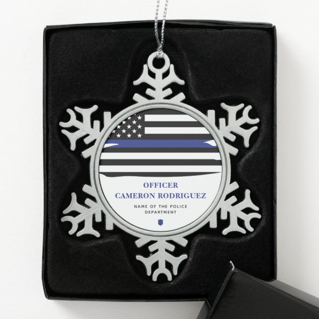 Personalised Police Officer Thin Blue Line Flag Snowflake Pewter Christmas Ornament (Box)