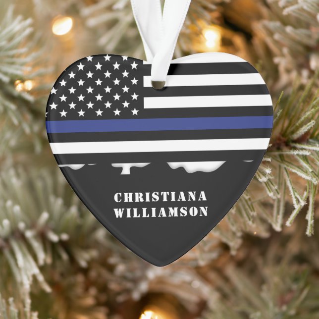 Personalised Police Officer Thin Blue Line US Flag Ornament (Tree)