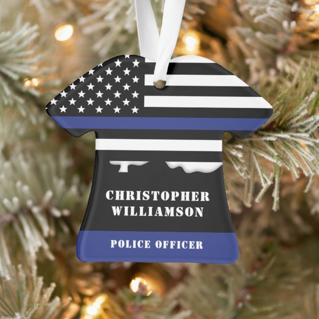 Personalised Police Officer Thin Blue Line US Flag Ornament (Tree)