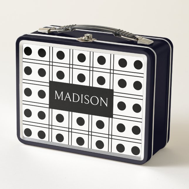  Personalised Polka Dot Black and White Chequered Metal Lunch Box (Front)