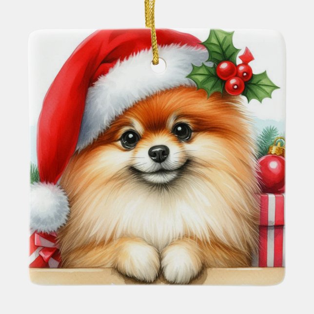 Personalised Pomeranian Wearing a Santa Hat  Ceramic Ornament (Front)