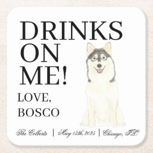 Personalised Pomsky Dog Wedding Square Paper Coaster