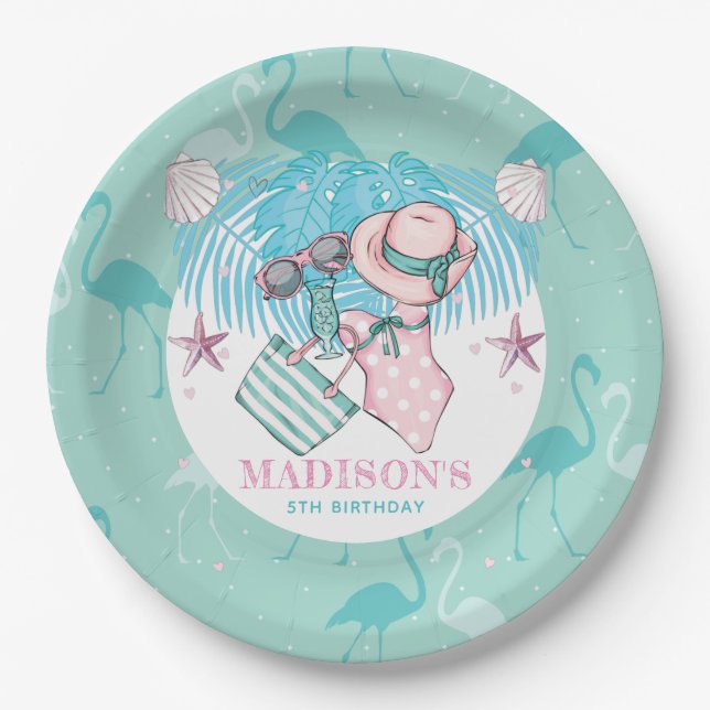 Personalised Pool Party Pink Turquoise Paper Plate (Front)
