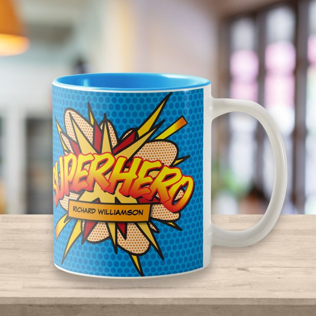 Personalised Pop Art Comic Book SUPERHERO Two-Tone Coffee Mug (Creator Uploaded)