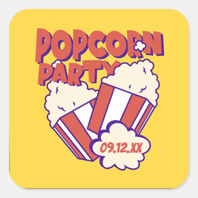 Personalised Popcorn Party Square Sticker (Front)