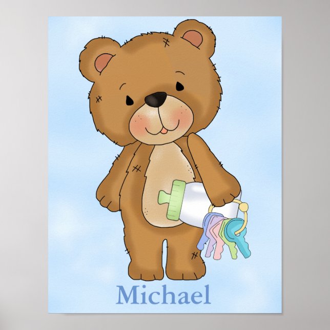Personalised Poster Baby Boy Teddy Bear Baby Bottl (Front)