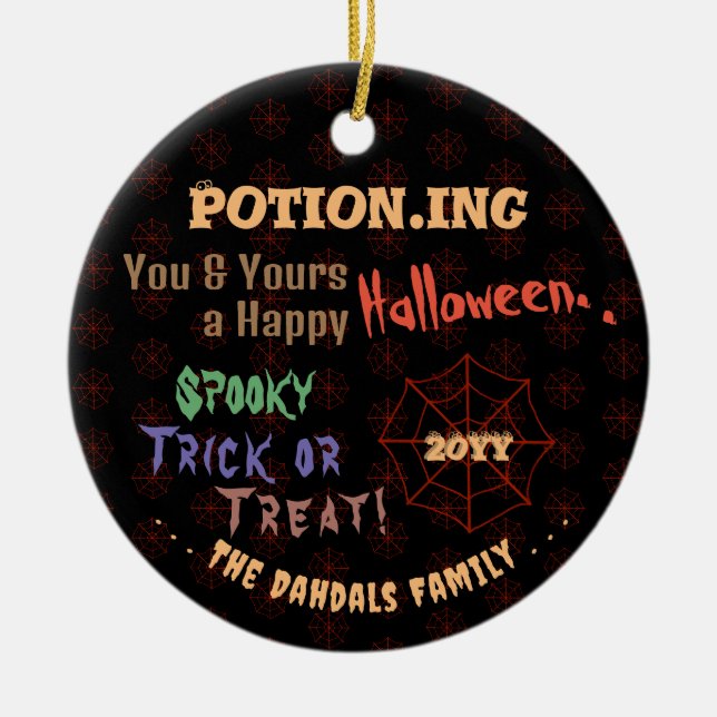Personalised Potion Colourful Halloween Spiderweb Ceramic Tree Decoration (Front)