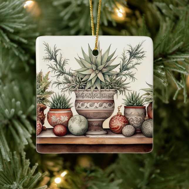 Personalised Potted Succulents Christmas Ceramic Ornament (Tree)