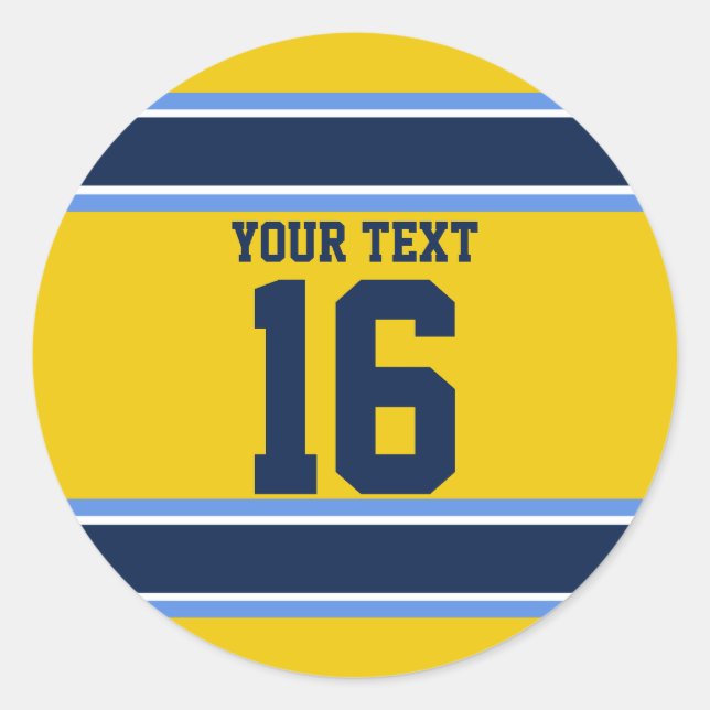 Personalised Powder Blue and Gold Sports Stripes Classic Round Sticker (Front)