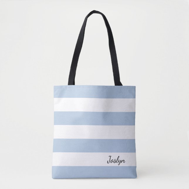 Personalised Powder Blue and White Striped Tote (Front)