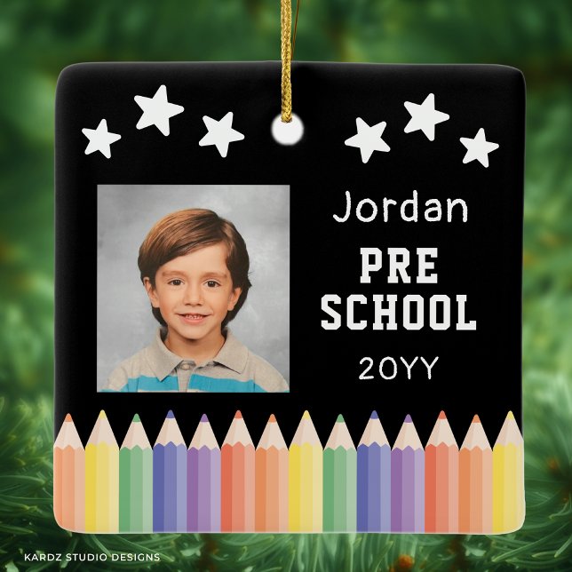 Personalised Pre School Colourful Photo Keepsake Ceramic Ornament (Personalize with your kid's name, photo, grade, and year. The design repeats on the front and back.)