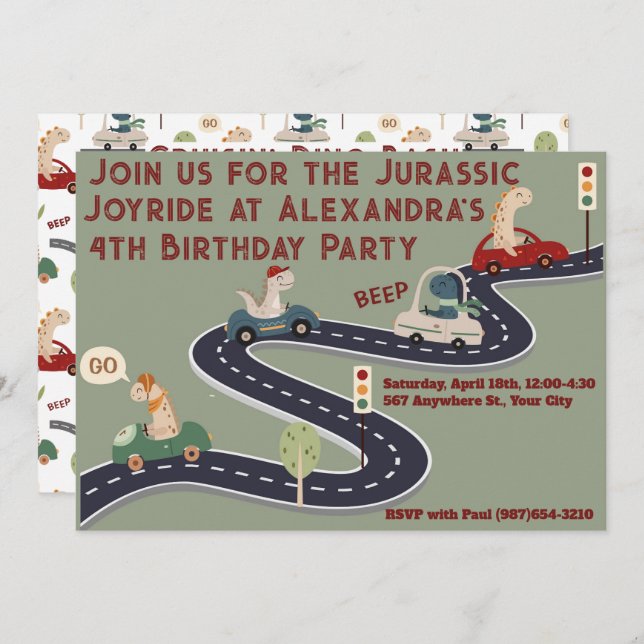 Personalised Prehistoric Colourful Dinosaurs Invitation (Front/Back)