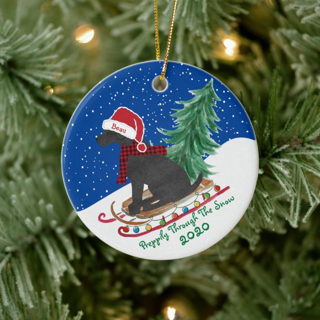 Personalised Preppy Black Lab Xmas Sled Ceramic Tree Decoration (Tree)