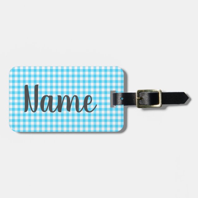 Personalised Preppy Blue Gingham Luggage Bag Tag (Front Horizontal)