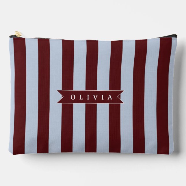 Personalised Preppy Brown Blue Cabana Stripe Accessory Pouch (Front)