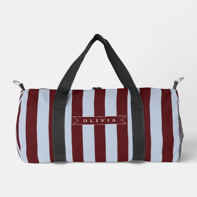 Personalised Preppy Brown Blue Cabana Stripe Duffle Bag (Front)