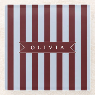 Personalised Preppy Brown Blue Cabana Stripe Glass Coaster