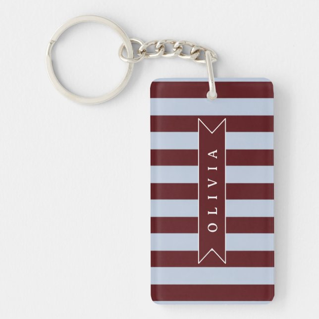 Personalised Preppy Brown Blue Cabana Stripe Key Ring (Front)