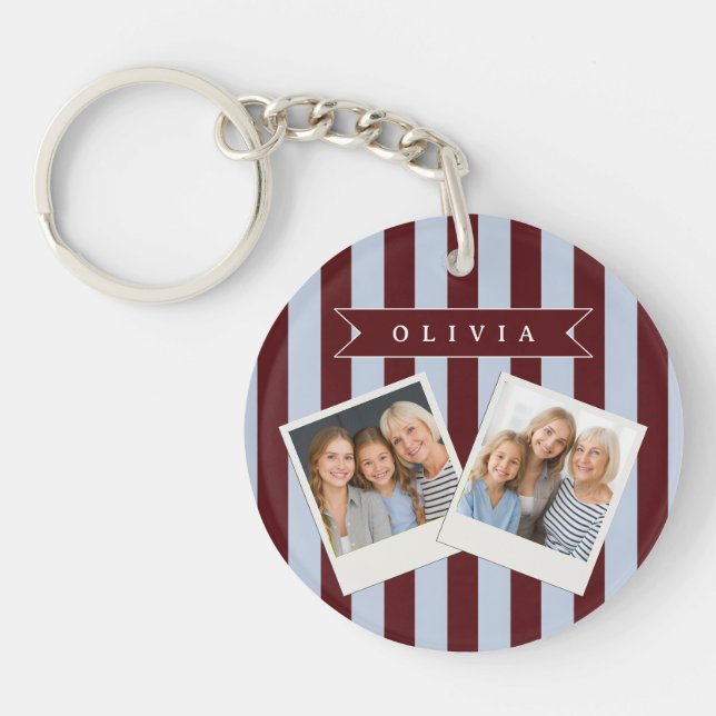 Personalised Preppy Brown Blue Cabana Stripe Key Ring (Front)