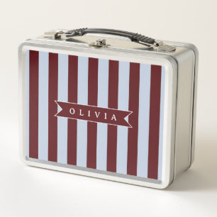 Personalised Preppy Brown Blue Cabana Stripe Metal Lunch Box