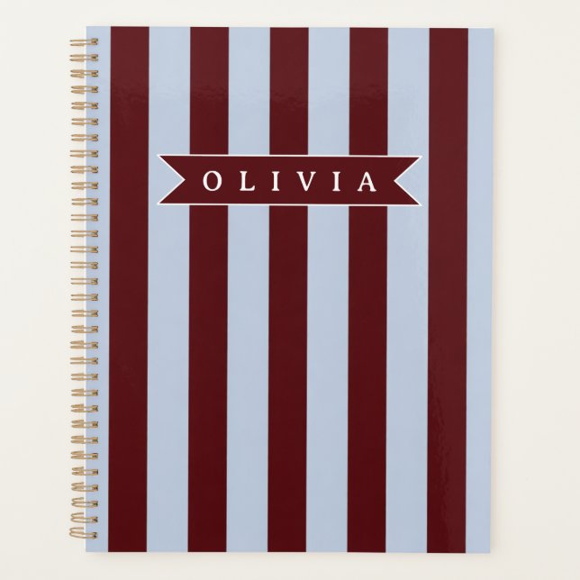Personalised Preppy Brown Blue Cabana Stripe Planner (Front)