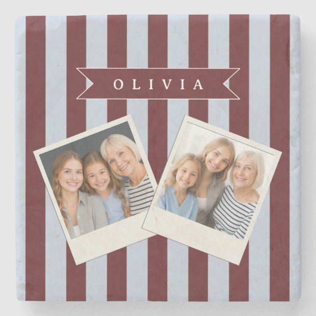 Personalised Preppy Brown Blue Cabana Stripe Stone Coaster (Front)