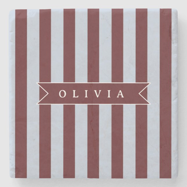 Personalised Preppy Brown Blue Cabana Stripe Stone Coaster (Front)
