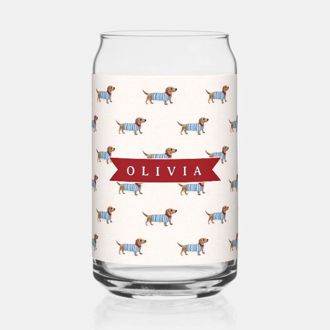 Personalised Preppy Cute Dachshund Dog Pattern Can Glass (Front)