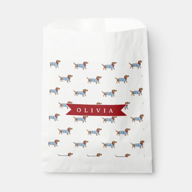 Personalised Preppy Cute Dachshund Dog Pattern Favour Bags (Front)