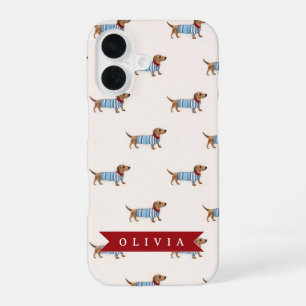 Personalised Preppy Cute Dachshund Dog Pattern iPhone 16 Case